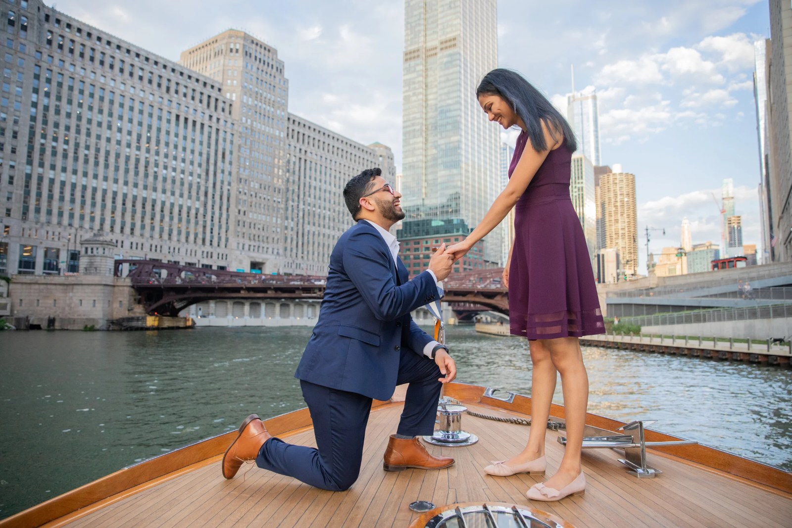 Surprise proposal film still on the Chicago River